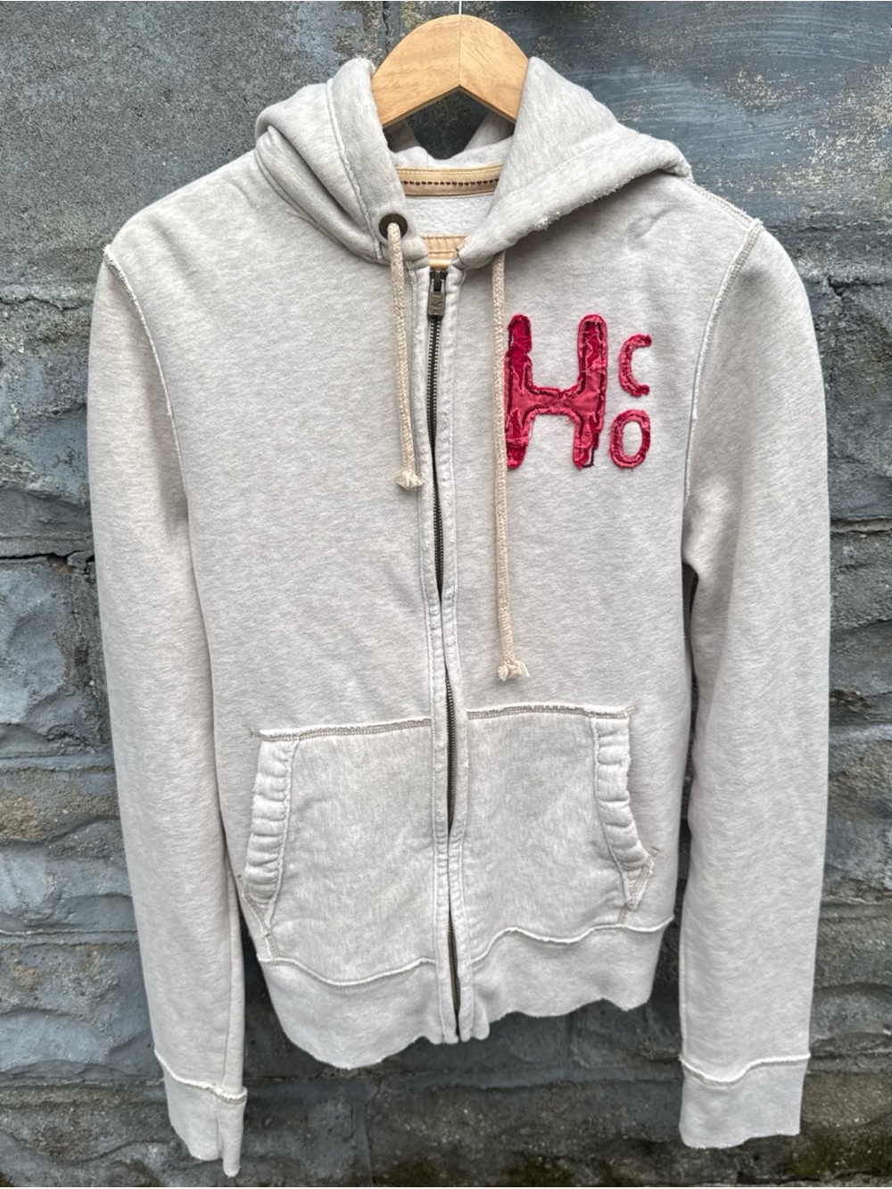 Vintage Hollister Hoodie Mens Large Beige Fleece Full Zip Lined Surf Logo Y2K